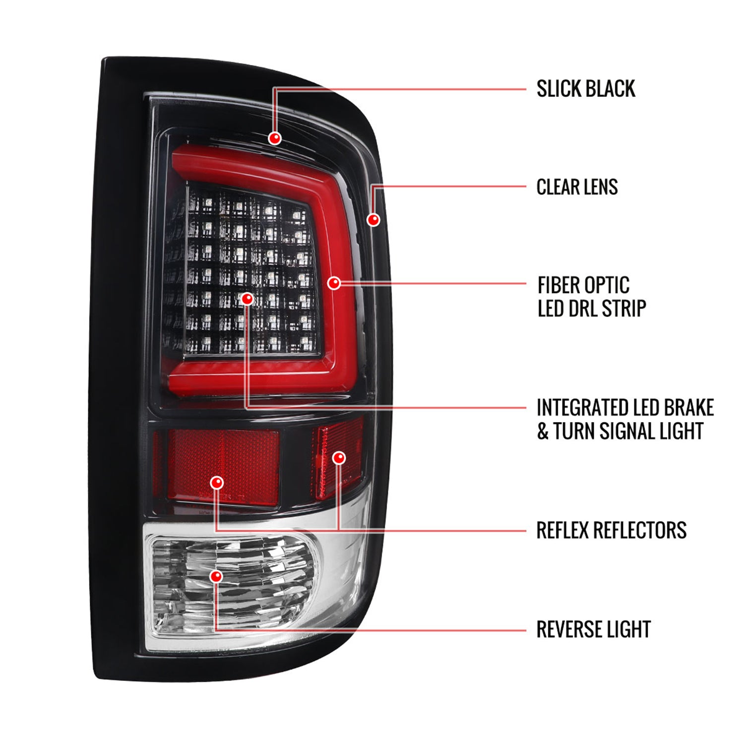 2009-2018 Dodge RAM Red C-Bar LED Tail Lights Jet Black Housing/Clear Lens
