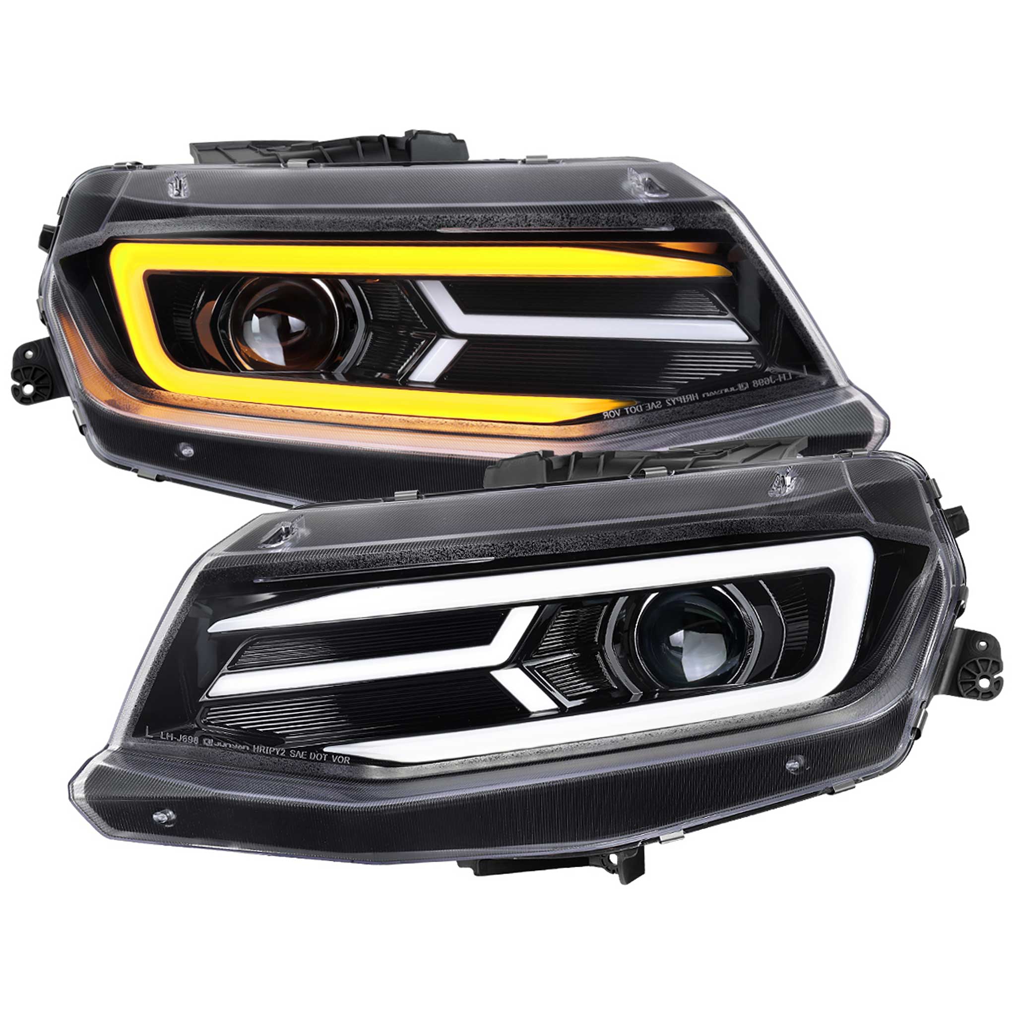 For Chevrolet Camaro 2016-2018 LED Strip Projector Headlights Turn Signal Light Glossy Black Housing Clear Lens