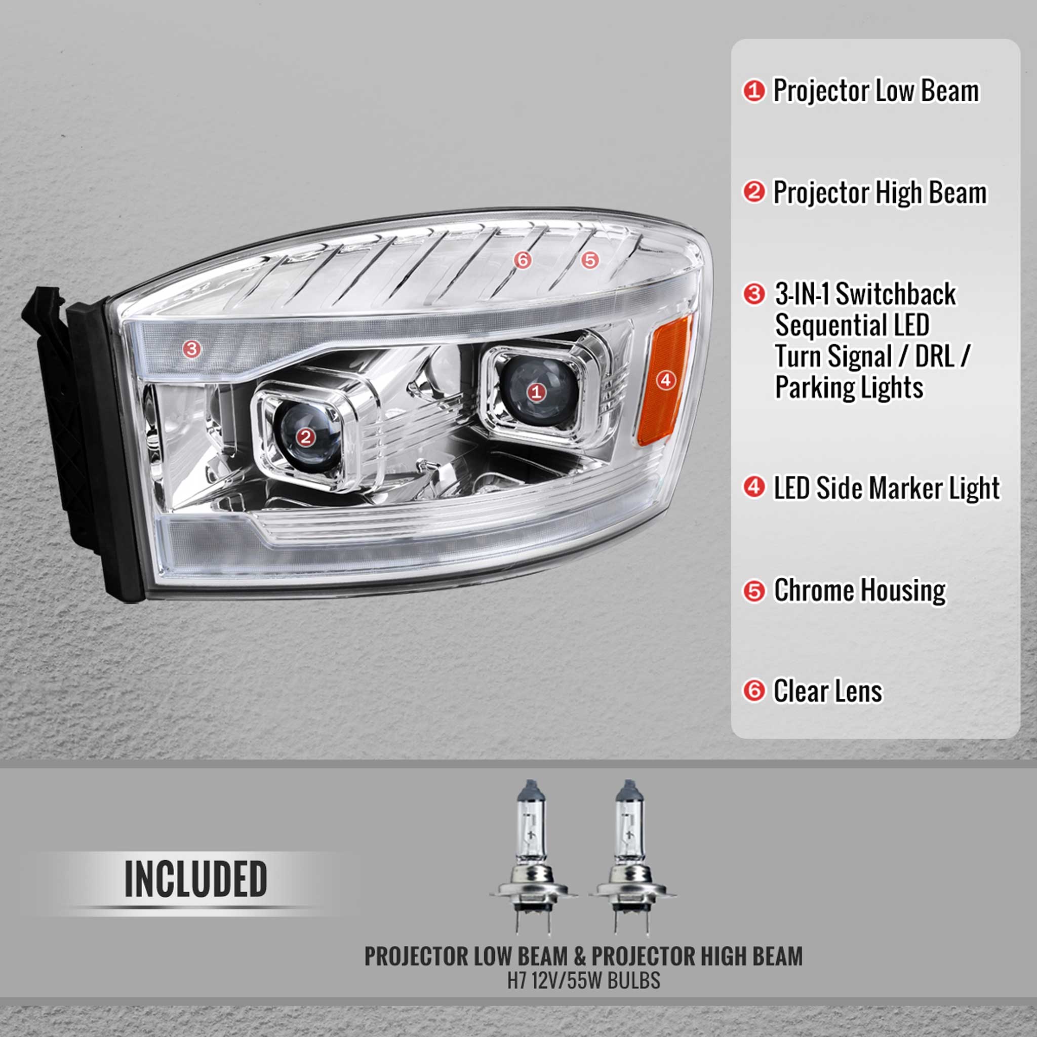 For Dodge RAM 1500 2006-08 / RAM 2500 3500 2006-09 Projector Headlights Amber LED Strips Turn Signals DRL Chrome Housing Clear Lens