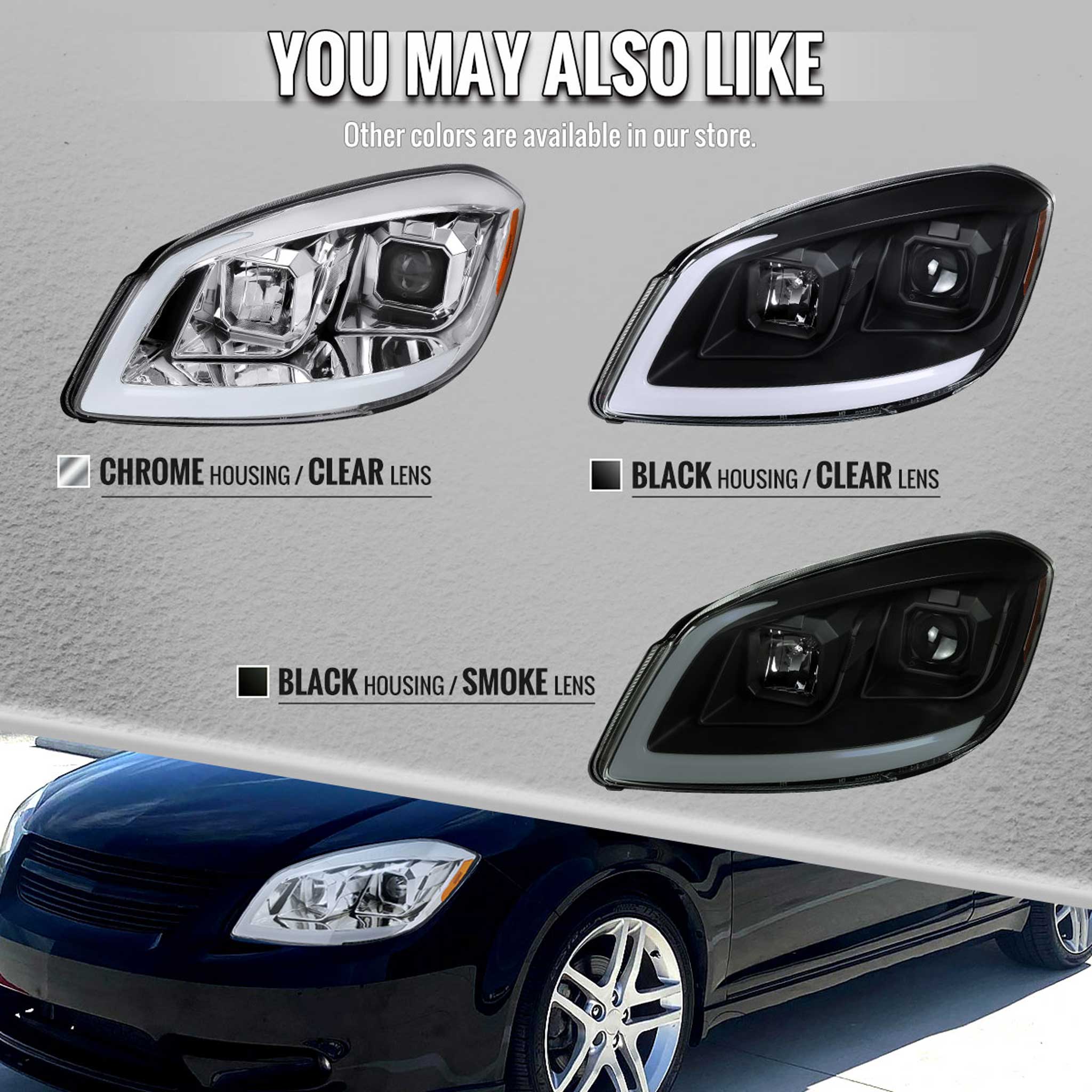 For Chevrolet Cobalt / Pontiac G5 2005-2010 Headlights Switchback LED Turn Signal DRL Light Strip Chrome Housing Clear Lens