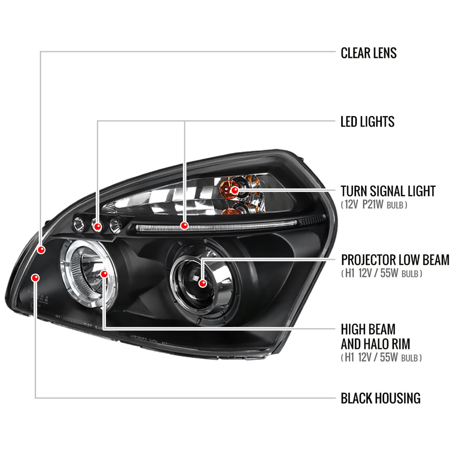 2005-2009 Hyundai Tucson Single Halo Projector Headlights Matte Black/Clear