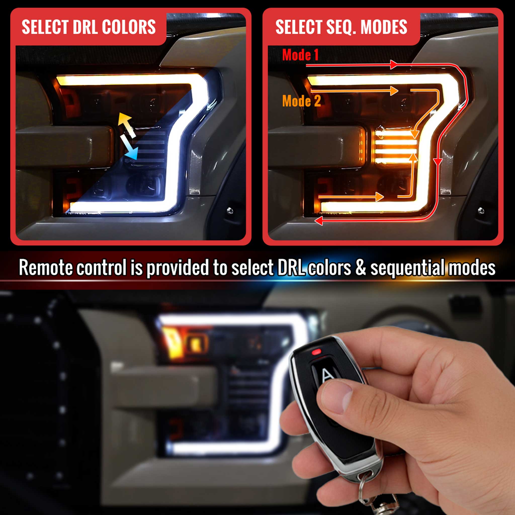 For Ford F-150 2015-2017 LED Headlights LED Turn Signals DRL Parking Light Strip Black Housing Clear Lens
