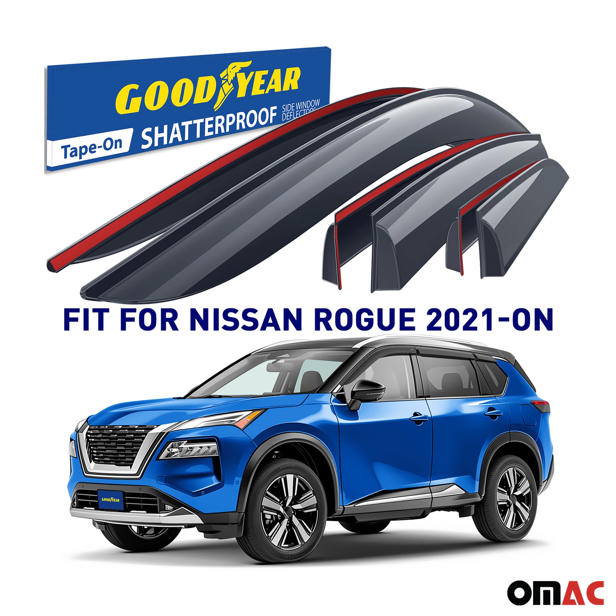 Goodyear Wind Deflectors for Nissan Rogue 2021-2025 Tape-On Premium Smoke 6 pcs