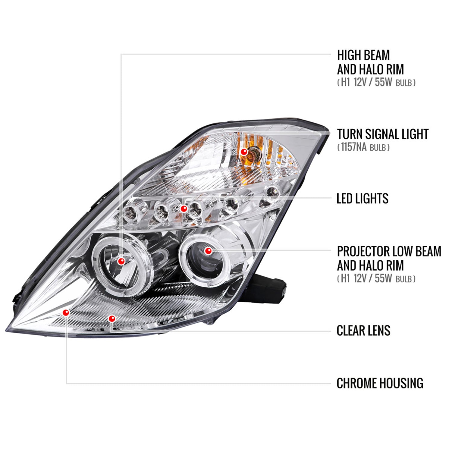 2003-2005 Nissan 350Z Dual Halo Projector Headlights Chrome/Clear Lens