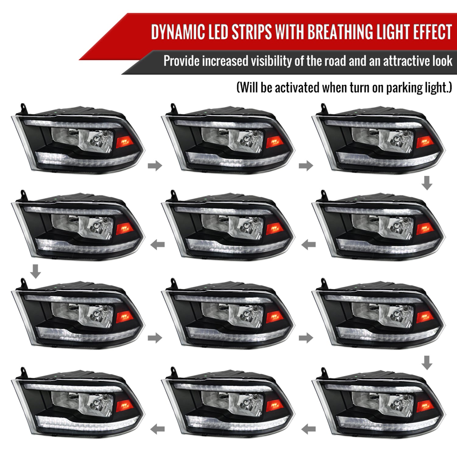 2009-2018 Dodge RAM 1500 RAM 2500 3500 Dual LED Bar Factory Headlights Black