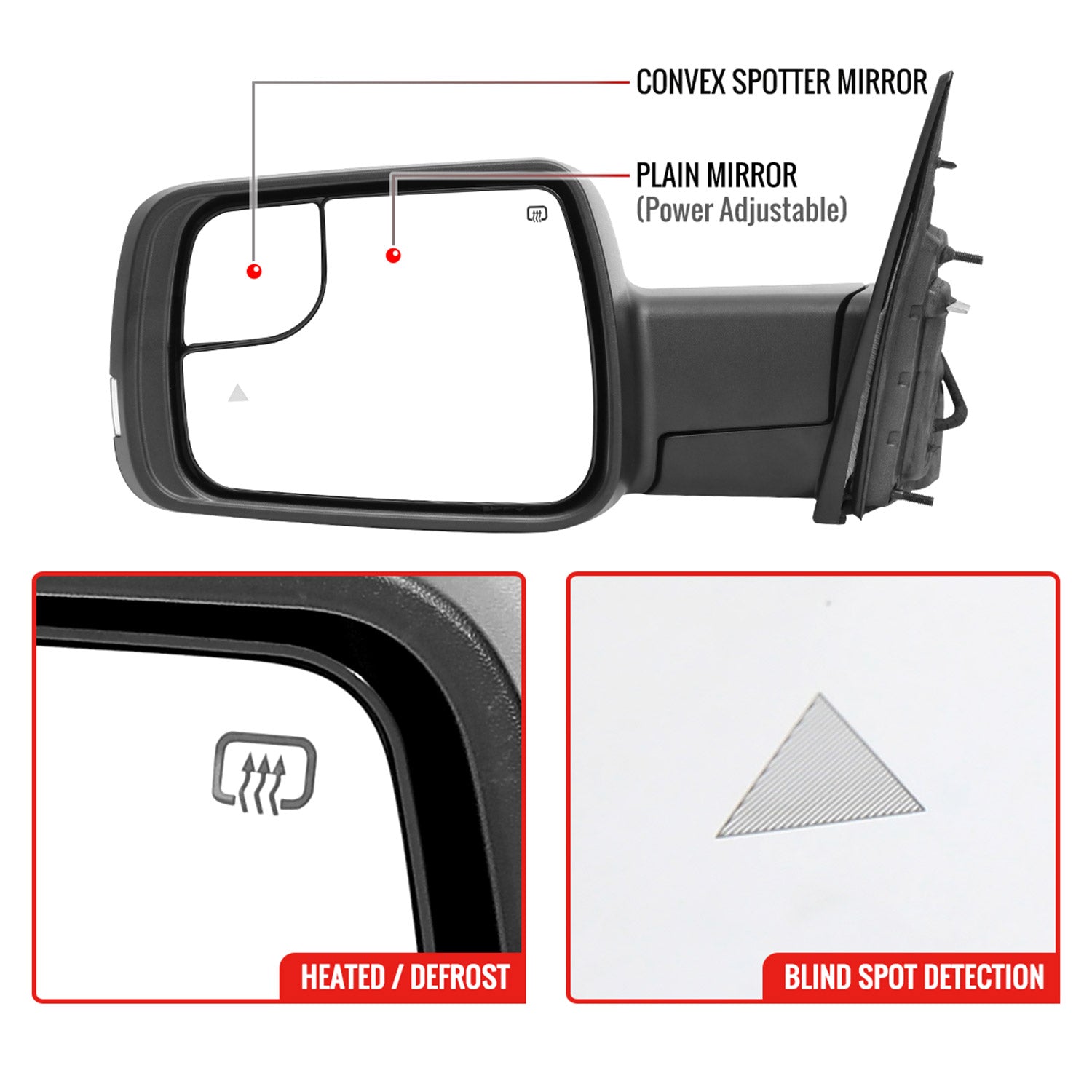 2019-2024 Dodge RAM 1500 Black Manual Fold & Heated Side Mirror Driver Side