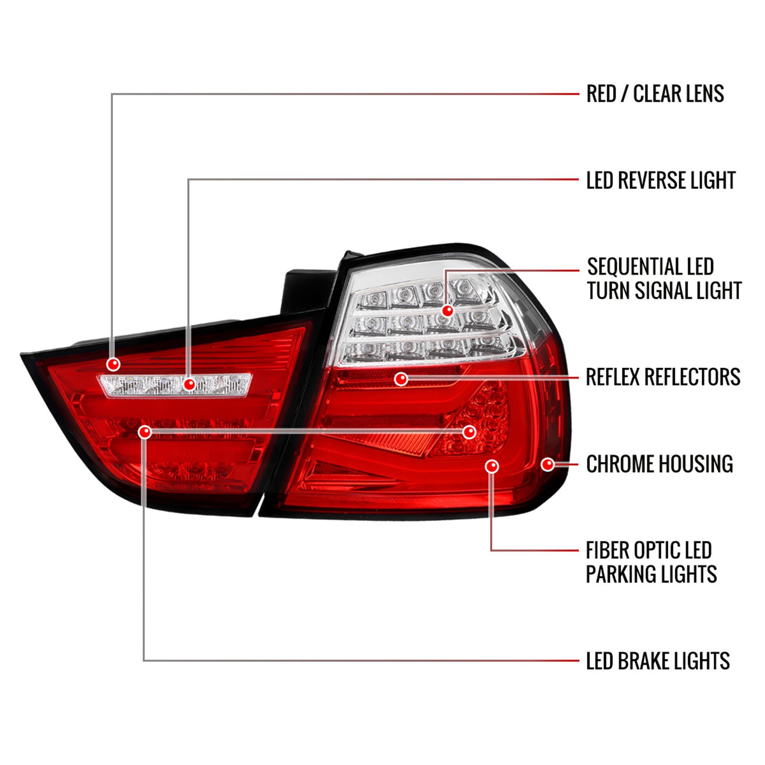 2009-2011 BMW E90 3-Series 4Dr Sedan Red LED Tail Light Chrome/Red Clear Lens