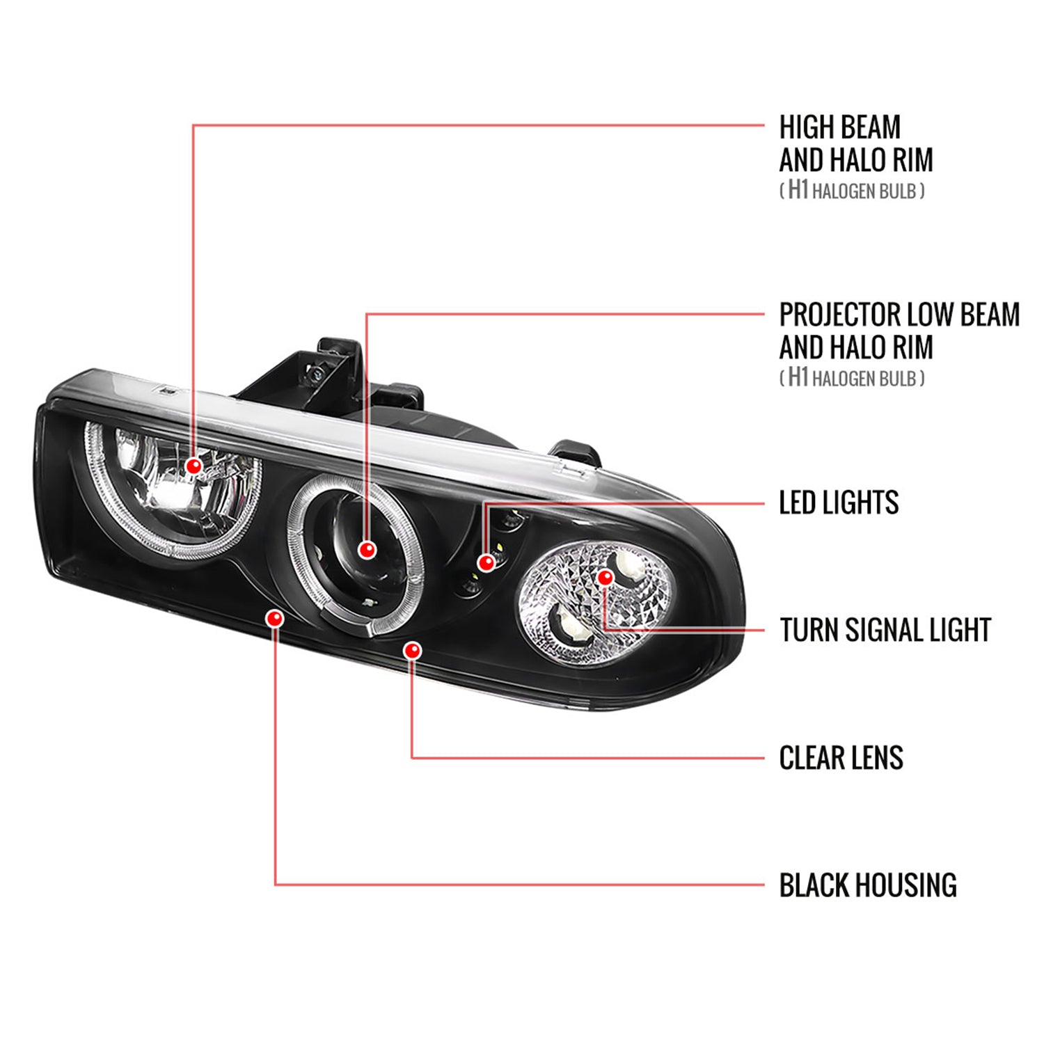 1998-2004 Chevy S10 Blazer Dual Halo Projector Headlights Bumper Lights Black