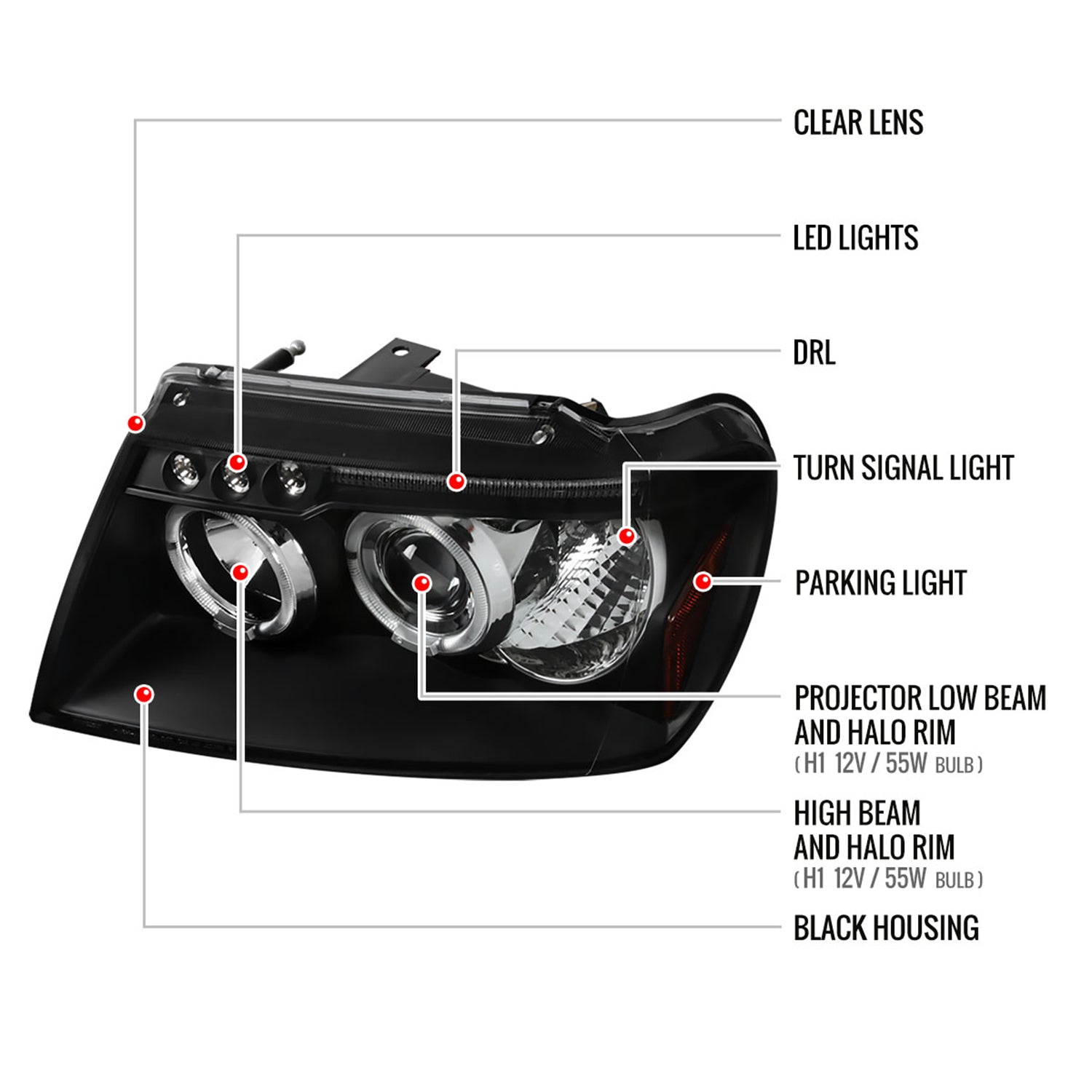 1999-2004 Jeep Grand Cherokee Dual Halo Projector Headlights Matte Black/Clear