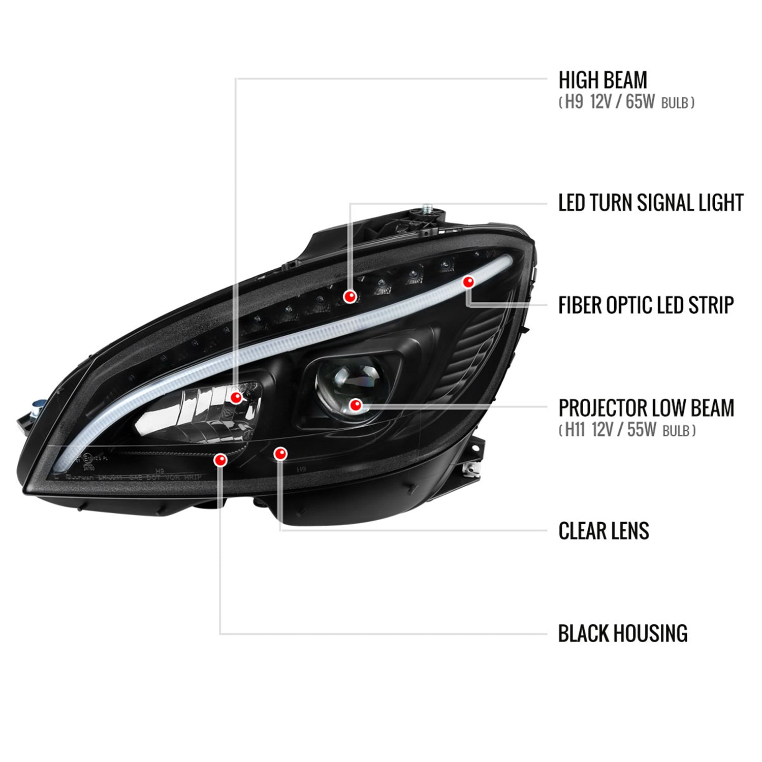 2008-2011 Mercedes W204 C Class Headlights LED Light Bar&LED Signal Black