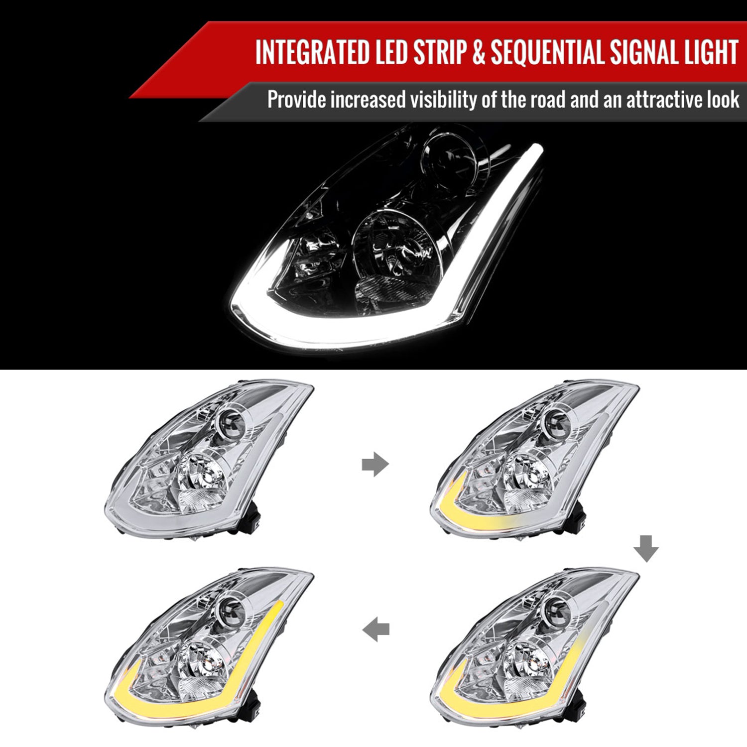 2003-2007 Infiniti G35 Coupe LED Bar Projector Headlights Turn Signals Chrome