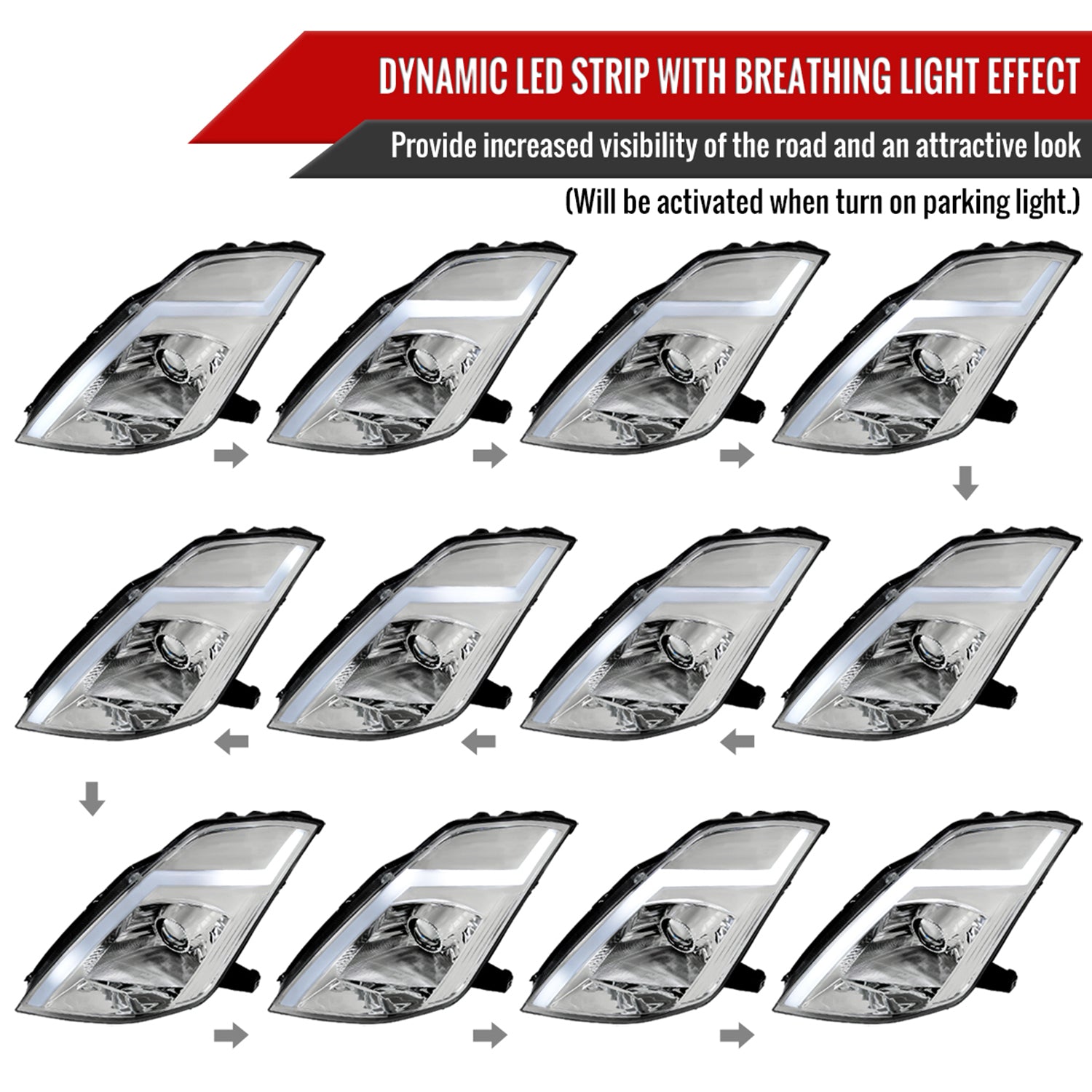 2003-2005 Nissan 350Z Signal Animated LED Bar Projector Headlights Chrome
