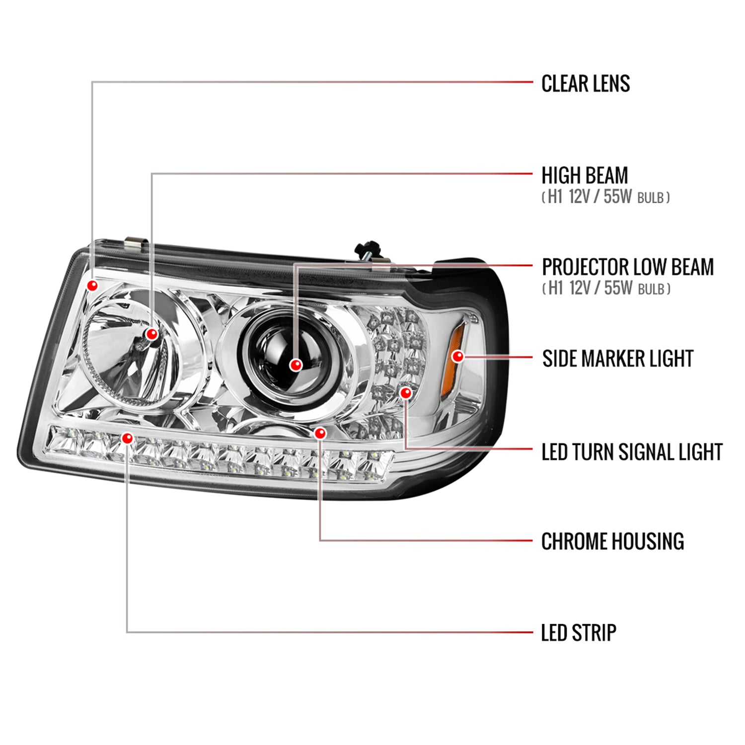 2001-2011 Ford Ranger Projector Headlights LED Light&LED Signal Lights Chrome