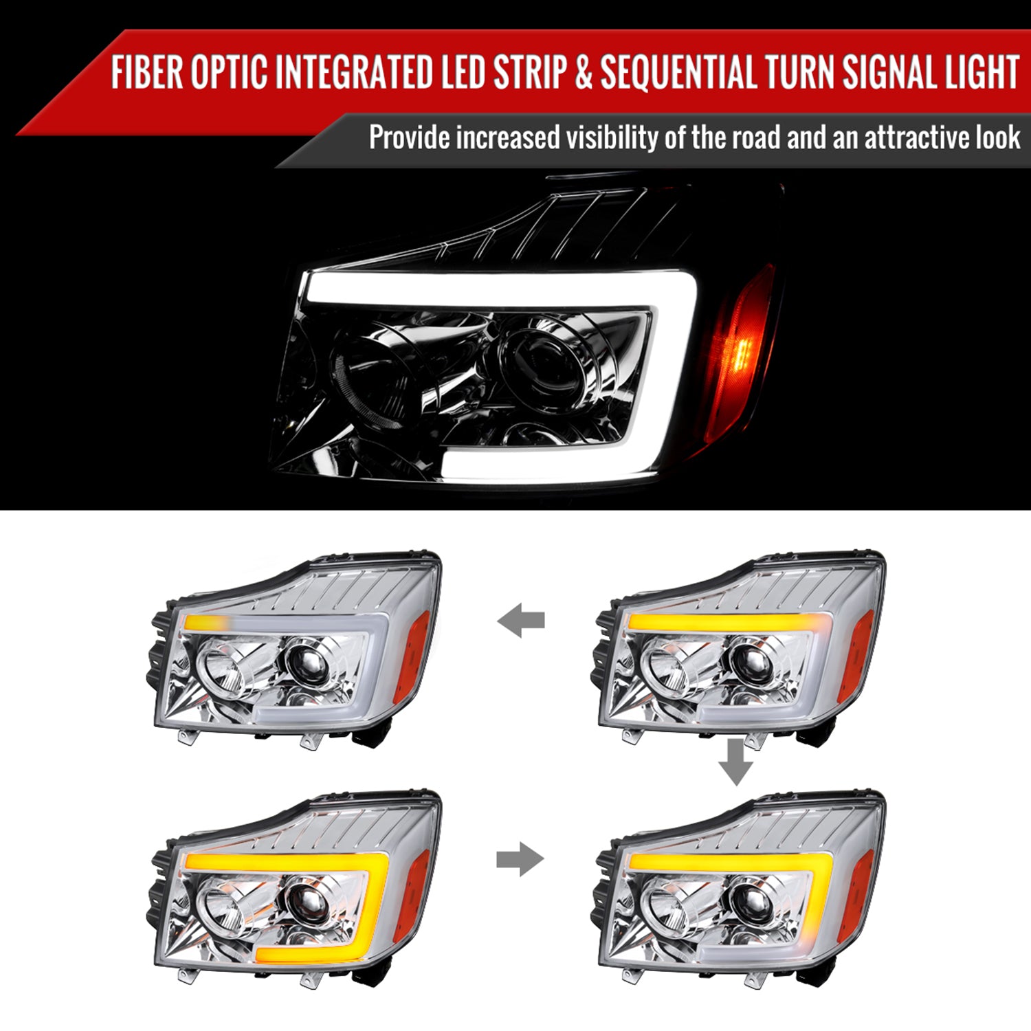 2004-2015 Nissan Titan / 04-2007 Armada LED C-Bar Headlights Signal Chrome