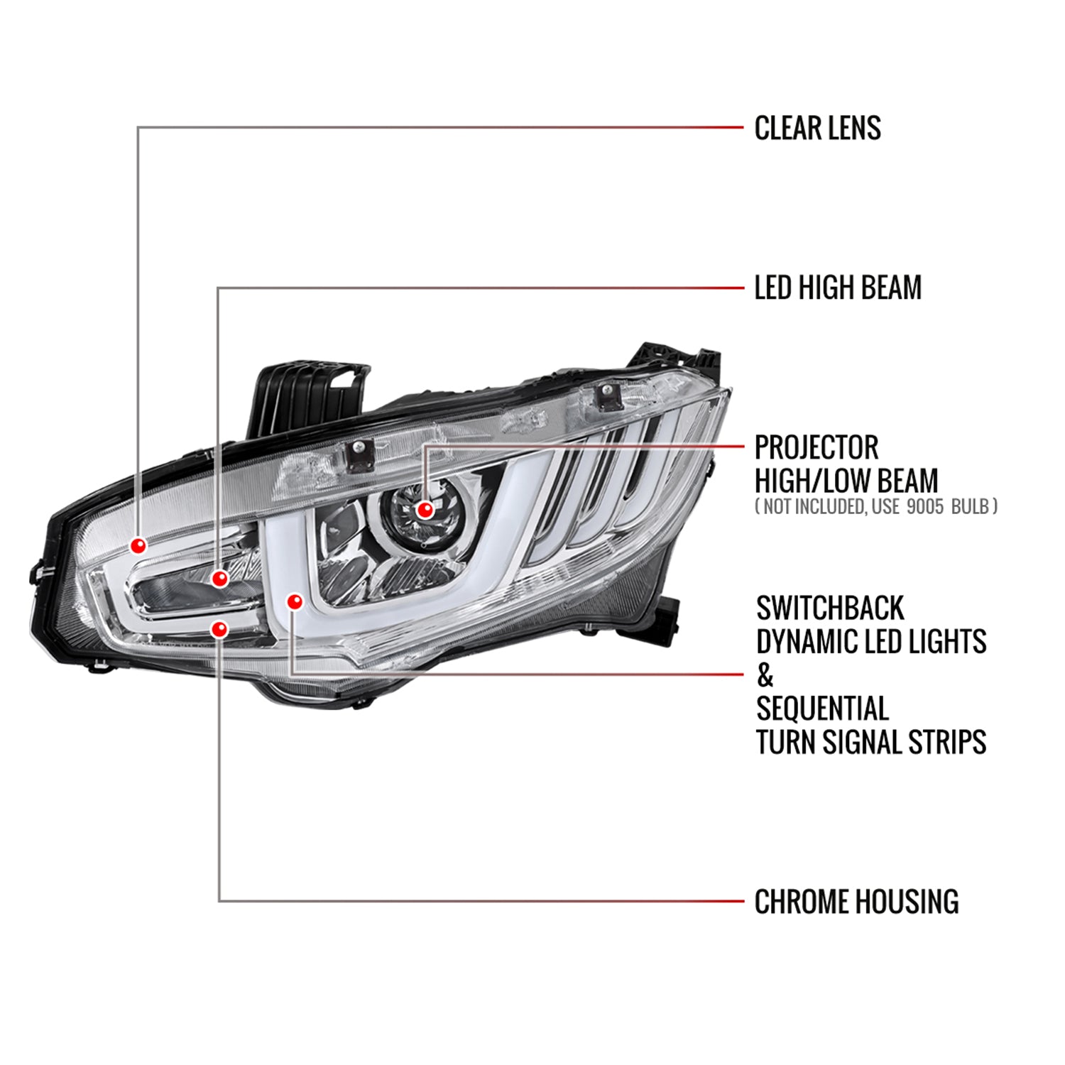 2016-2021 Honda Civic Projector Headlights LED Sequential Turn Signal Chrome
