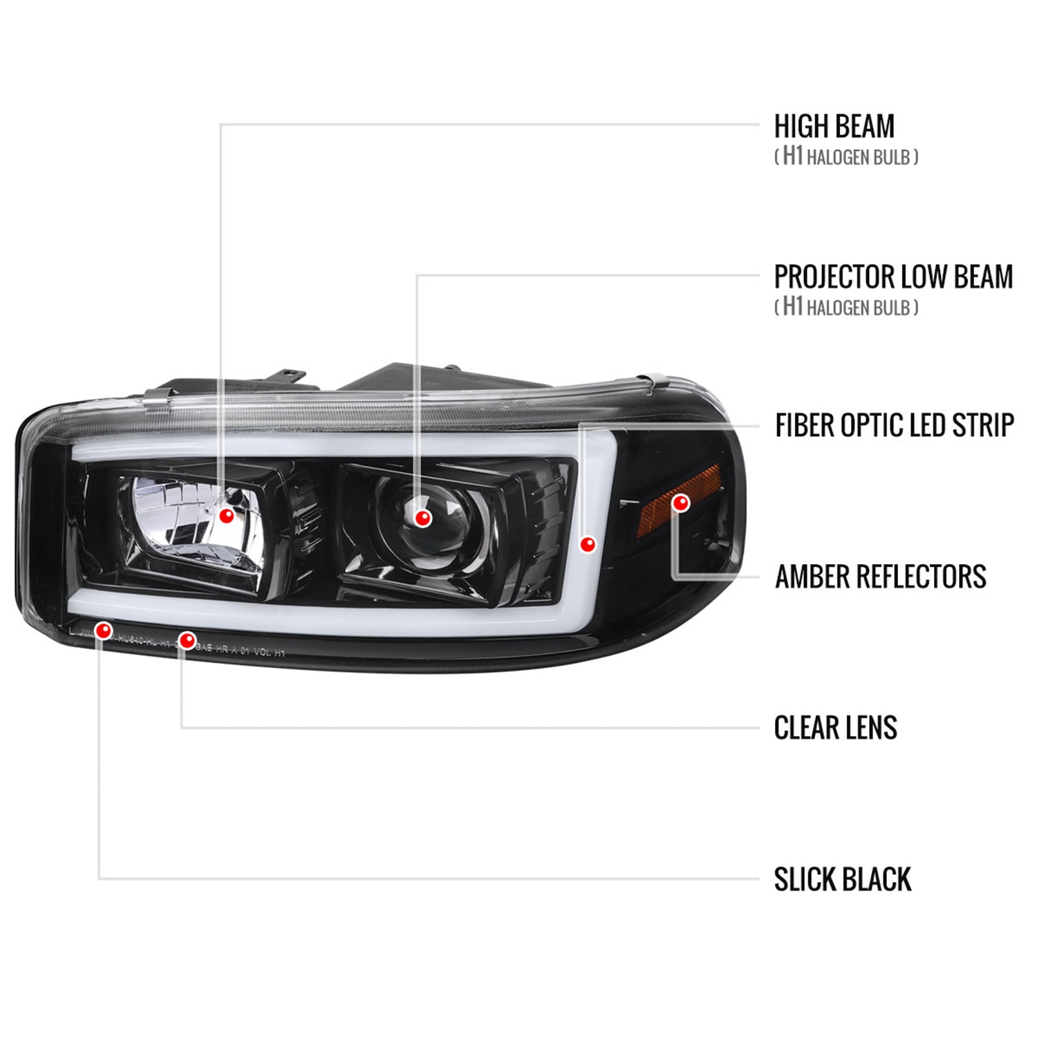 2000-2006 GMC Sierra/Denali/Yukon LED Strip Projector Headlights Glossy Black