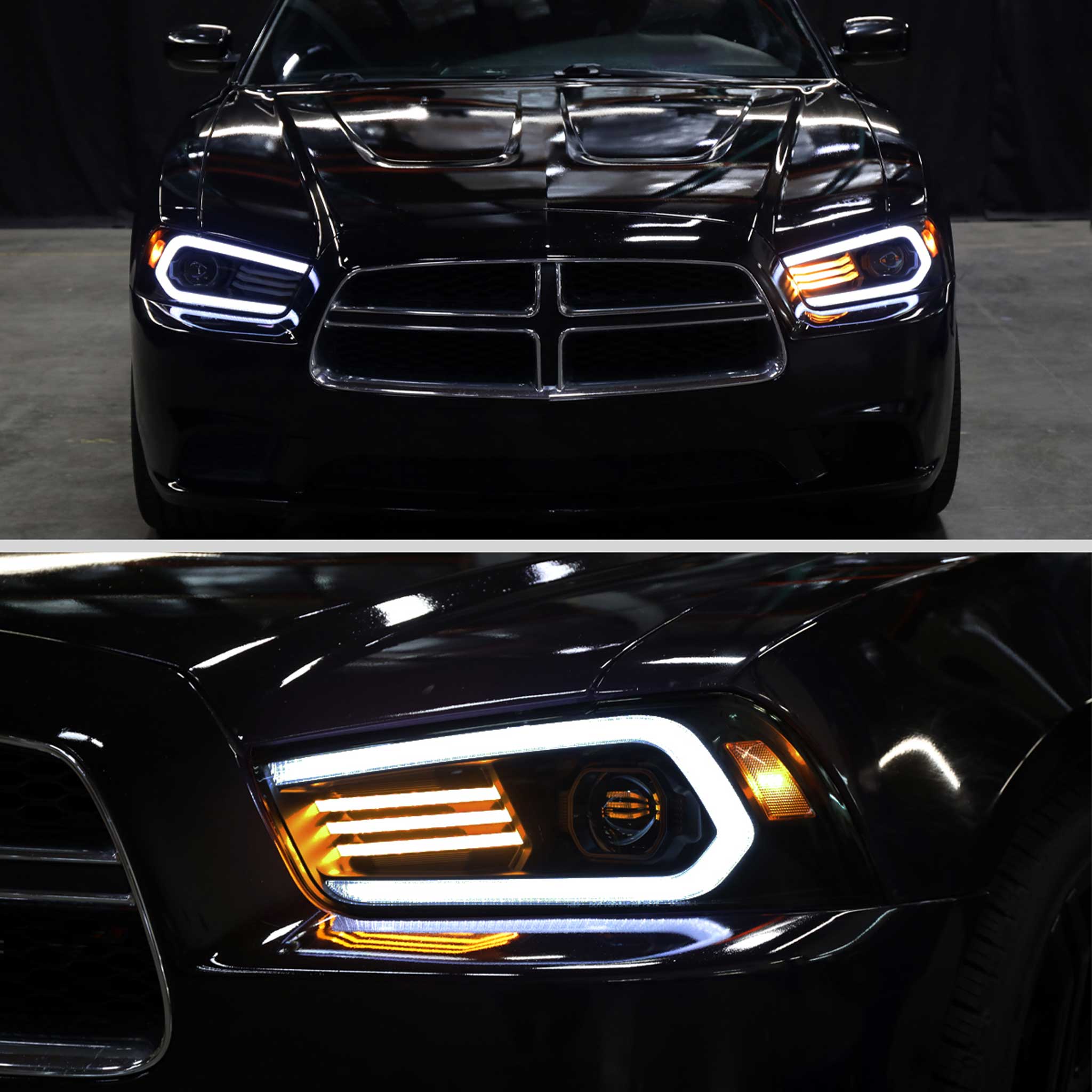 For Dodge Charger 2011-2014 Headlights LED DRL Light Strip Turn Signal Side Marker Black Housing Smoked Lens