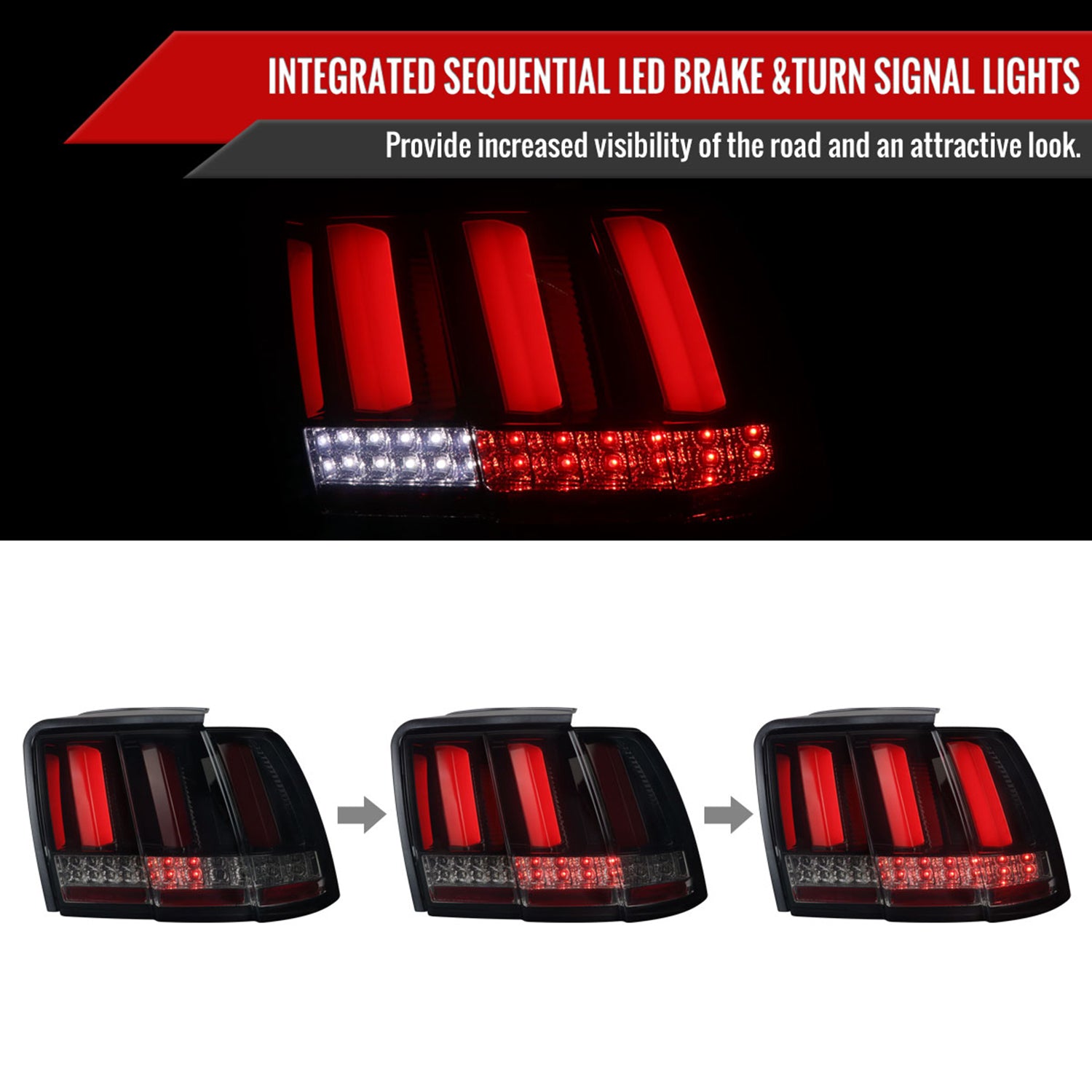1999-2004 Ford Mustang Red Marker LED Tail Lights Glossy Black/Smoke