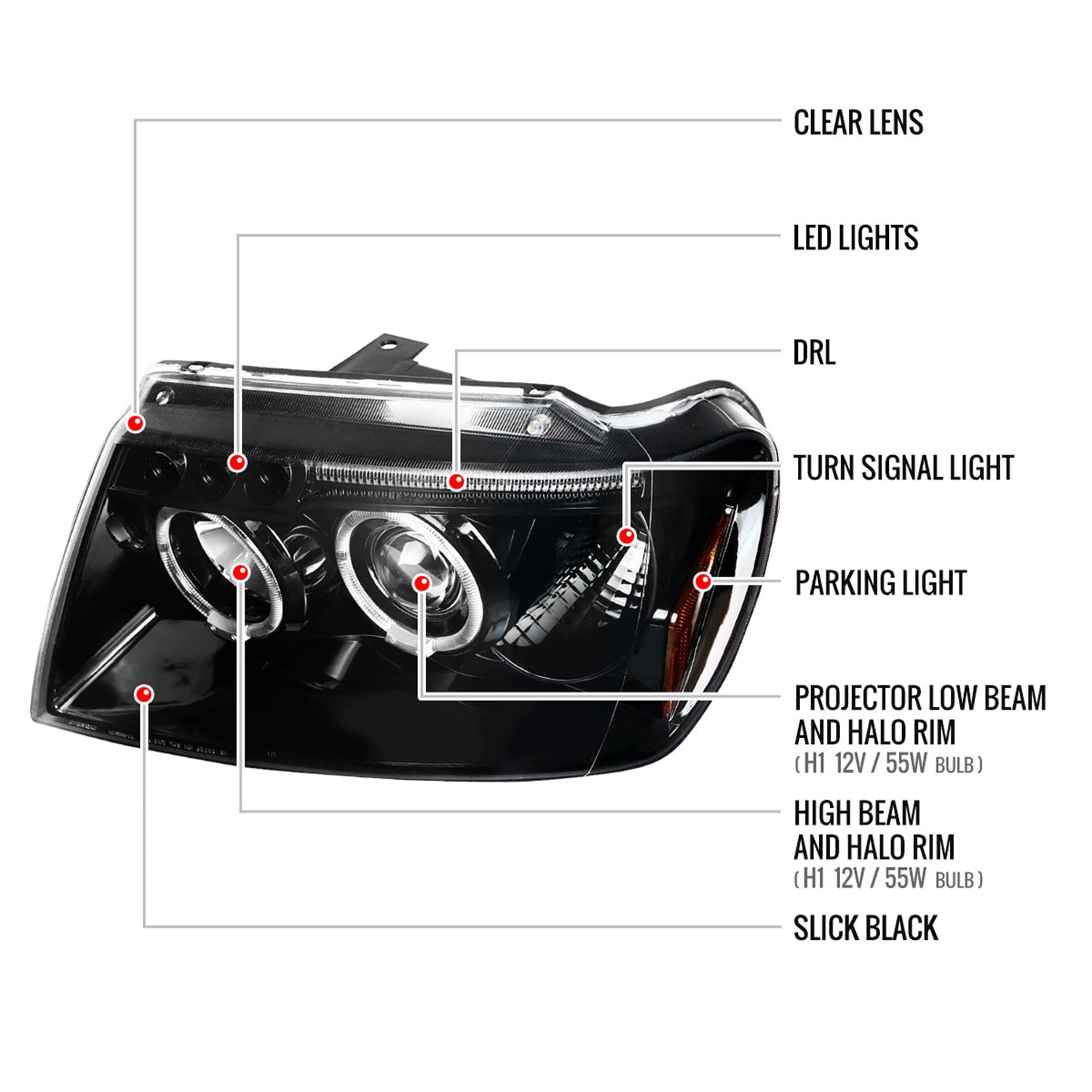 1999-2004 Jeep Grand Cherokee Dual Halo Projector Headlights Jet Black/Clear