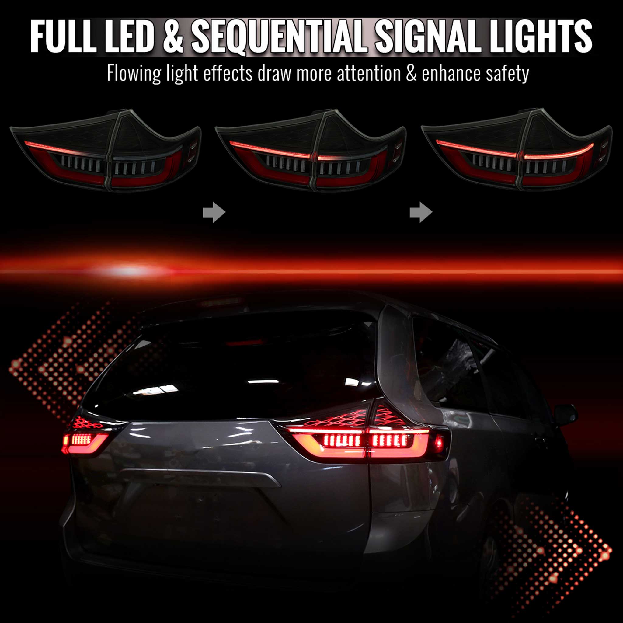 For Toyota Sienna 2015-2020 Full LED Tail Lights Sequential Red Fiber Optic Black Smoked Lens Startup