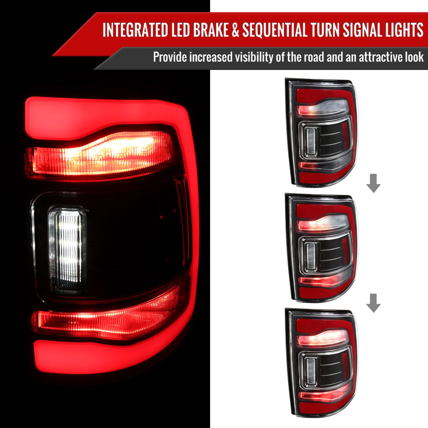 2013-2018 RAM 1500/2500/3500 Sequential Signal LED Tail Lights Black/Clear
