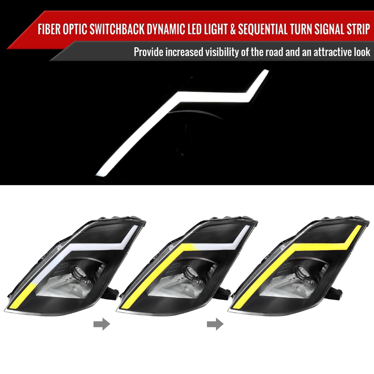 2003-2005 Nissan 350Z Turn Signal Animated LED Bar Projector Headlights Black