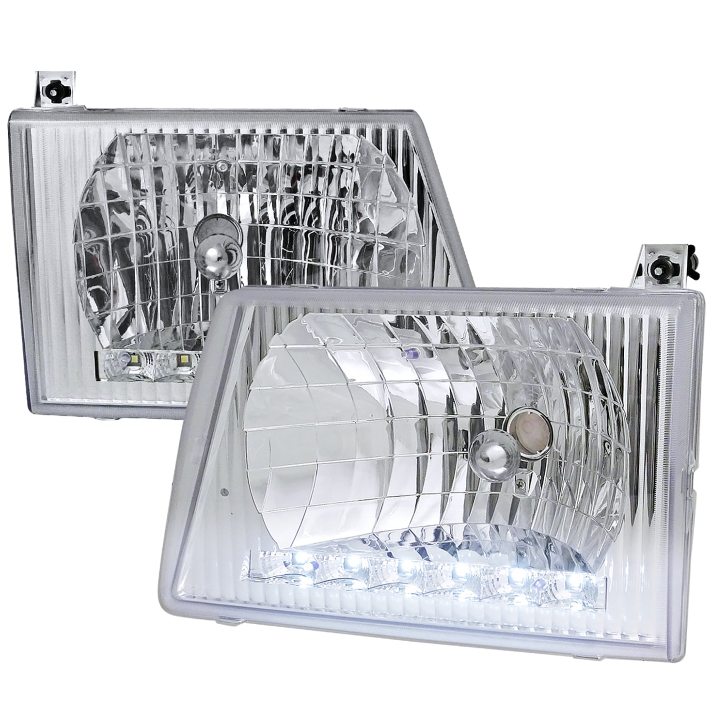 1992-2006 Ford Econoline Factory Headlights w/SMD LED Light Strip Chrome/Clear
