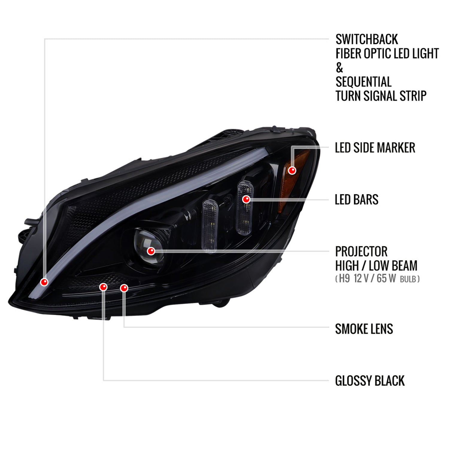 2015-2018 Mercedes-Benz C-Class W205 Signal Headlights Black/Light Smoke