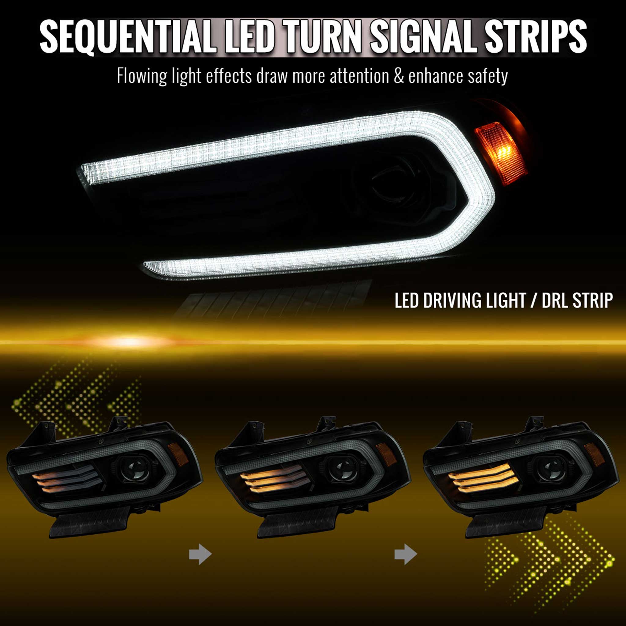 For Dodge Charger 2011-2014 Headlights LED DRL Light Strip Turn Signal Side Marker Black Housing Smoked Lens