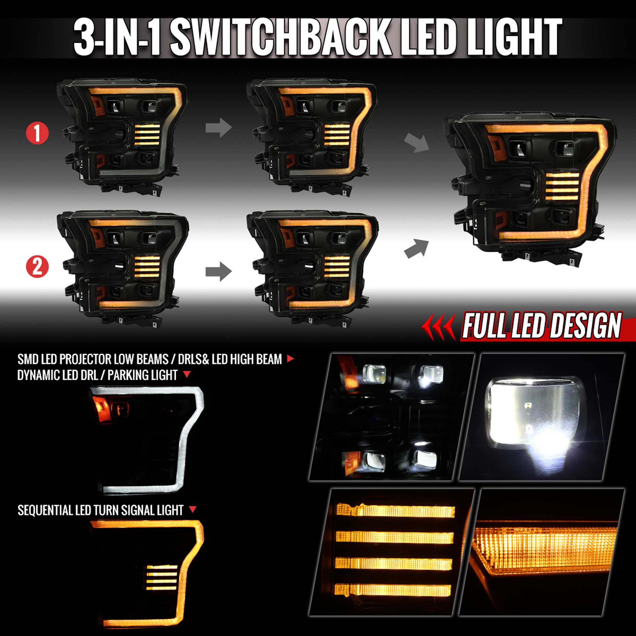 For Ford F-150 2015-2017 Headlights LED Turn Signals DRL Parking Light Strip Black Housing Smoked Lens
