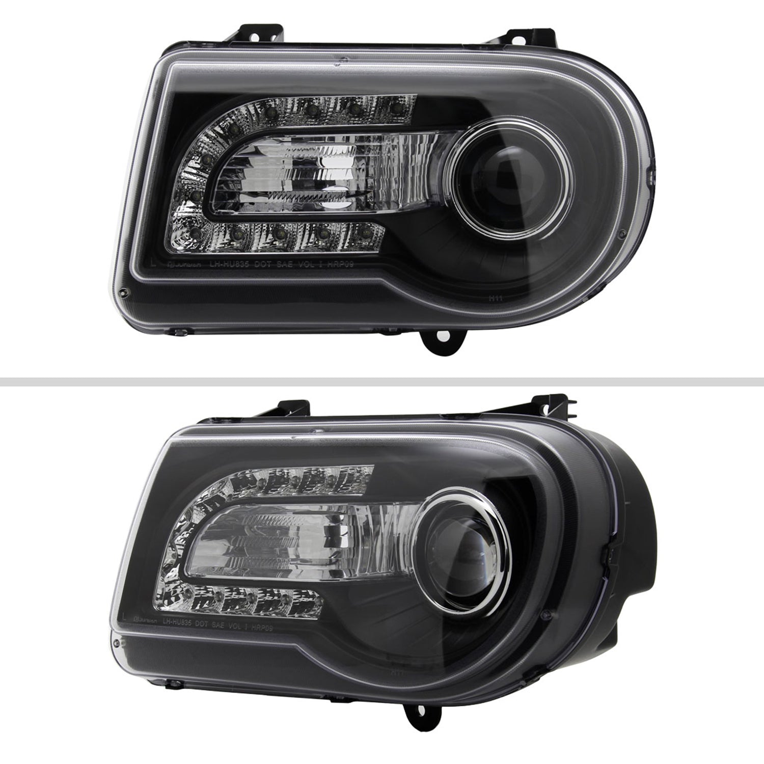 2005-2010 Chrysler 300 Projector Headlights w/LED Light Strip Matt Black/Clear