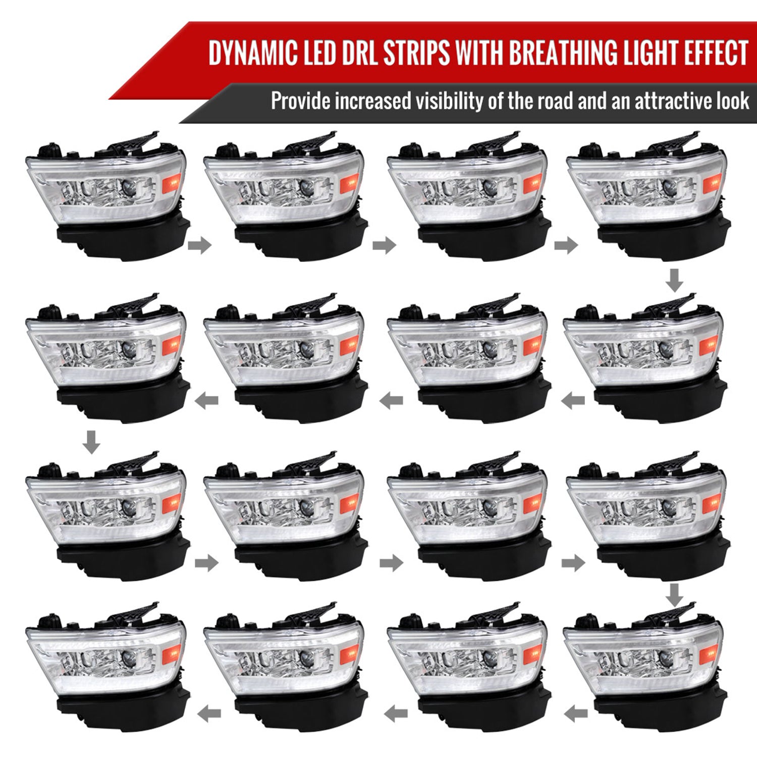 2019-2024 Dodge RAM 1500 LED Turn Signal Projector Headlights Chrome