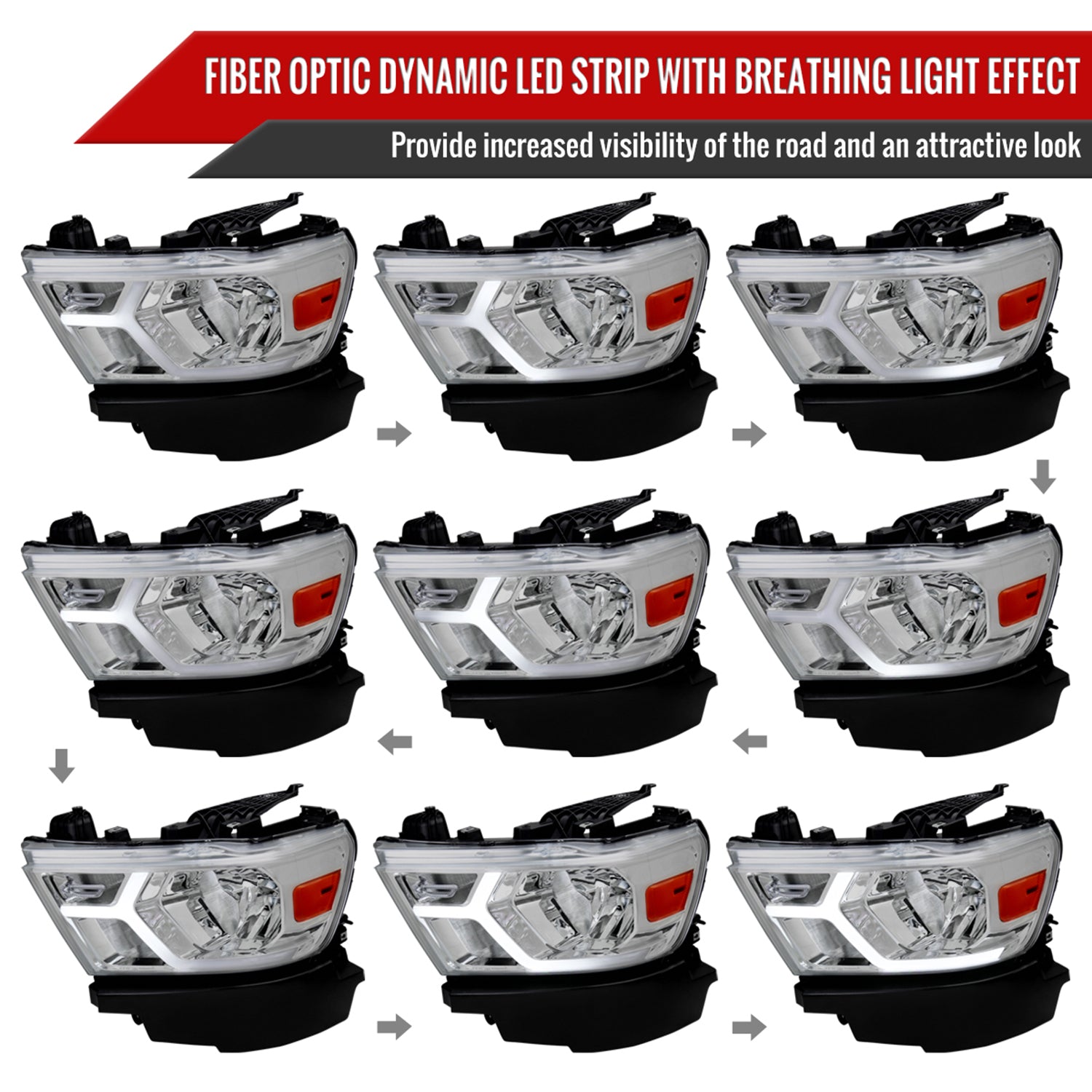 2019-2024 Dodge RAM 1500 Animated LED Bar Factory Headlights Chrome/Clear