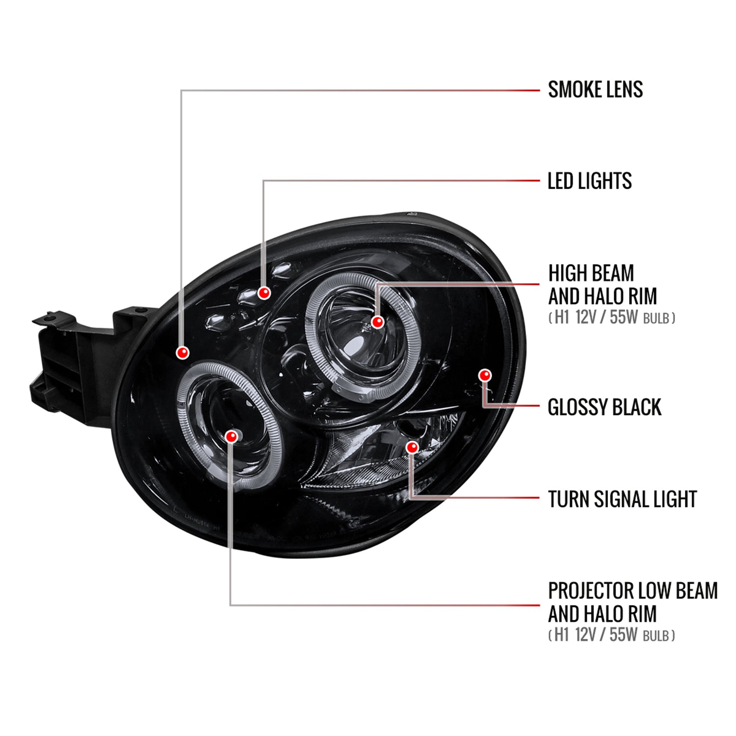 2002-2003 Subaru Impreza Dual Halo Bug Eye Projector Headlights Black/Smoke