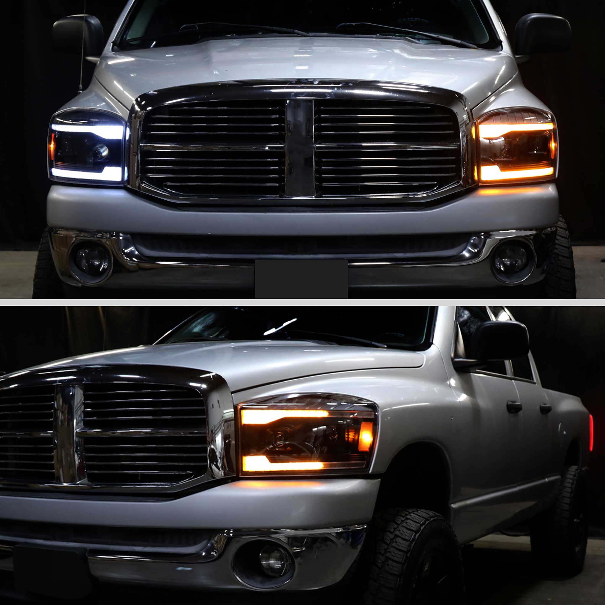 For Dodge RAM 1500 2006-08 / RAM 2500 3500 2006-09 Headlights LED Strip Turn Signals DRL Startup Animation Black Housing Clear Lens