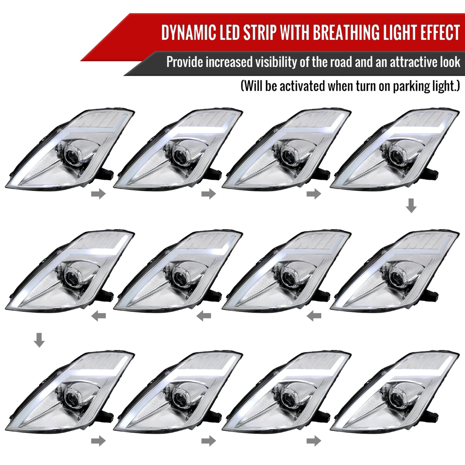 2006-2009 Nissan 350Z Turn Signal Animated LED Bar Projector Headlights Chrome