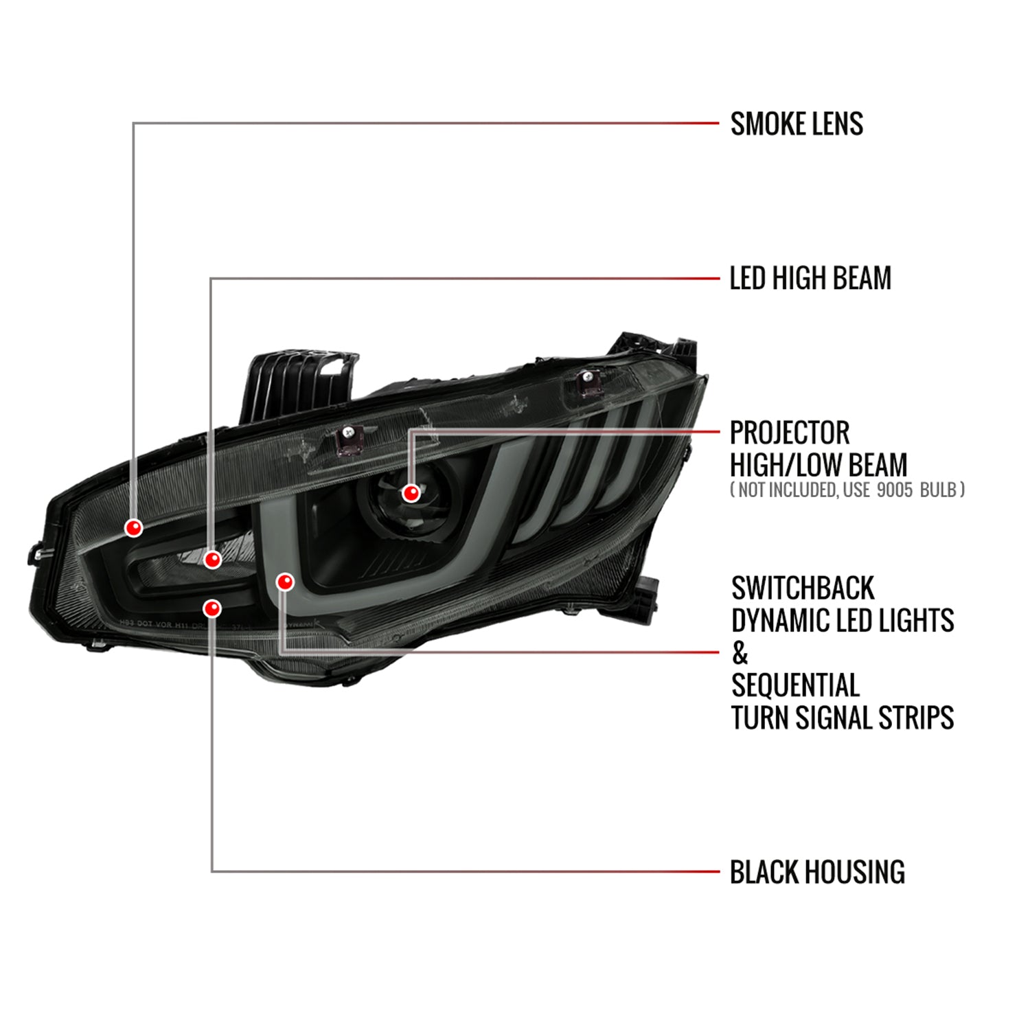 2016-2021 Honda Civic Projector Headlights LED Sequential Turn Signal Smoke