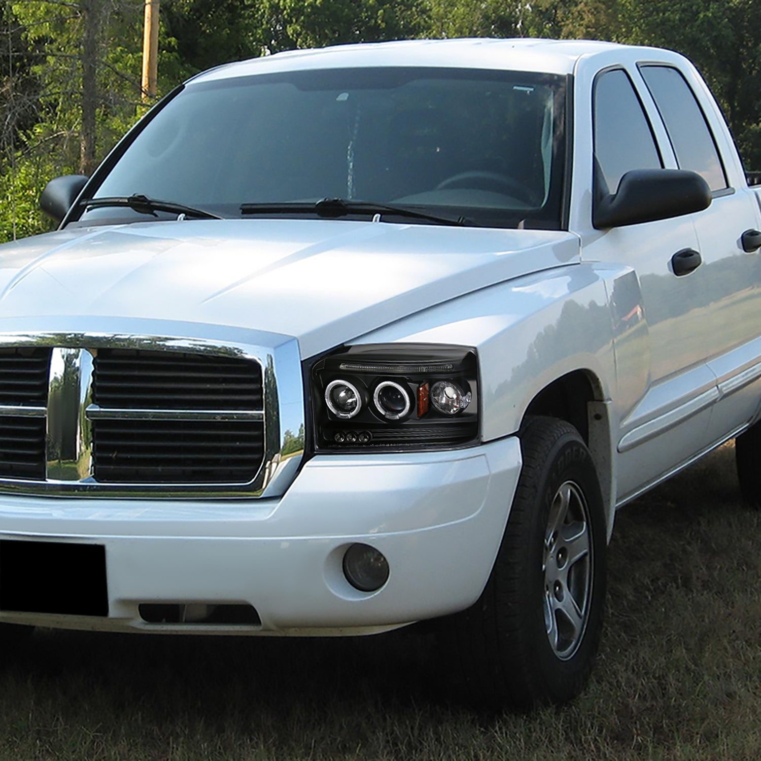2005-2007 Dodge Dakota Dual Halo Projector Headlights Matte Black/Clear Lens