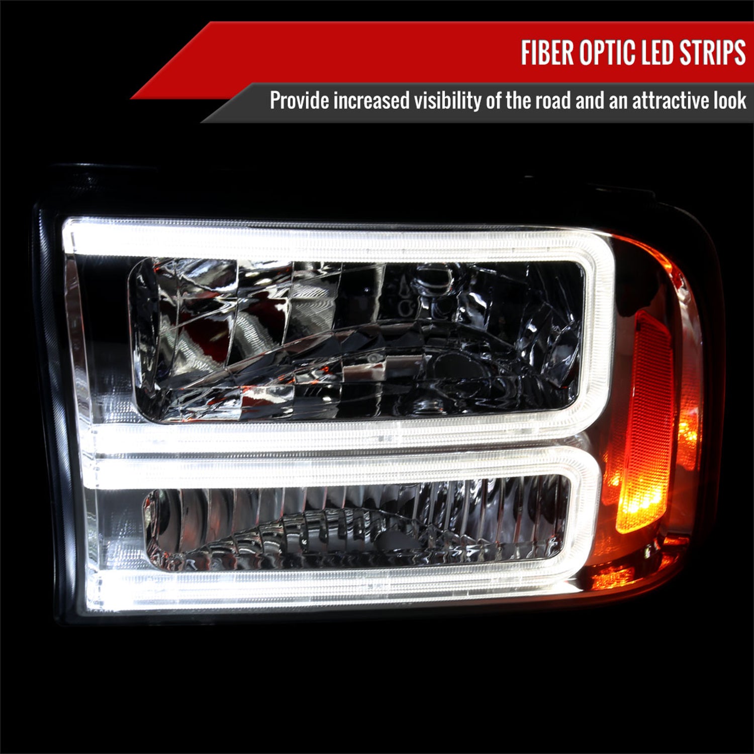1999-2004 Ford F-250/350/450/550/Excursion Headlights Dual LED C-Bar Smoke