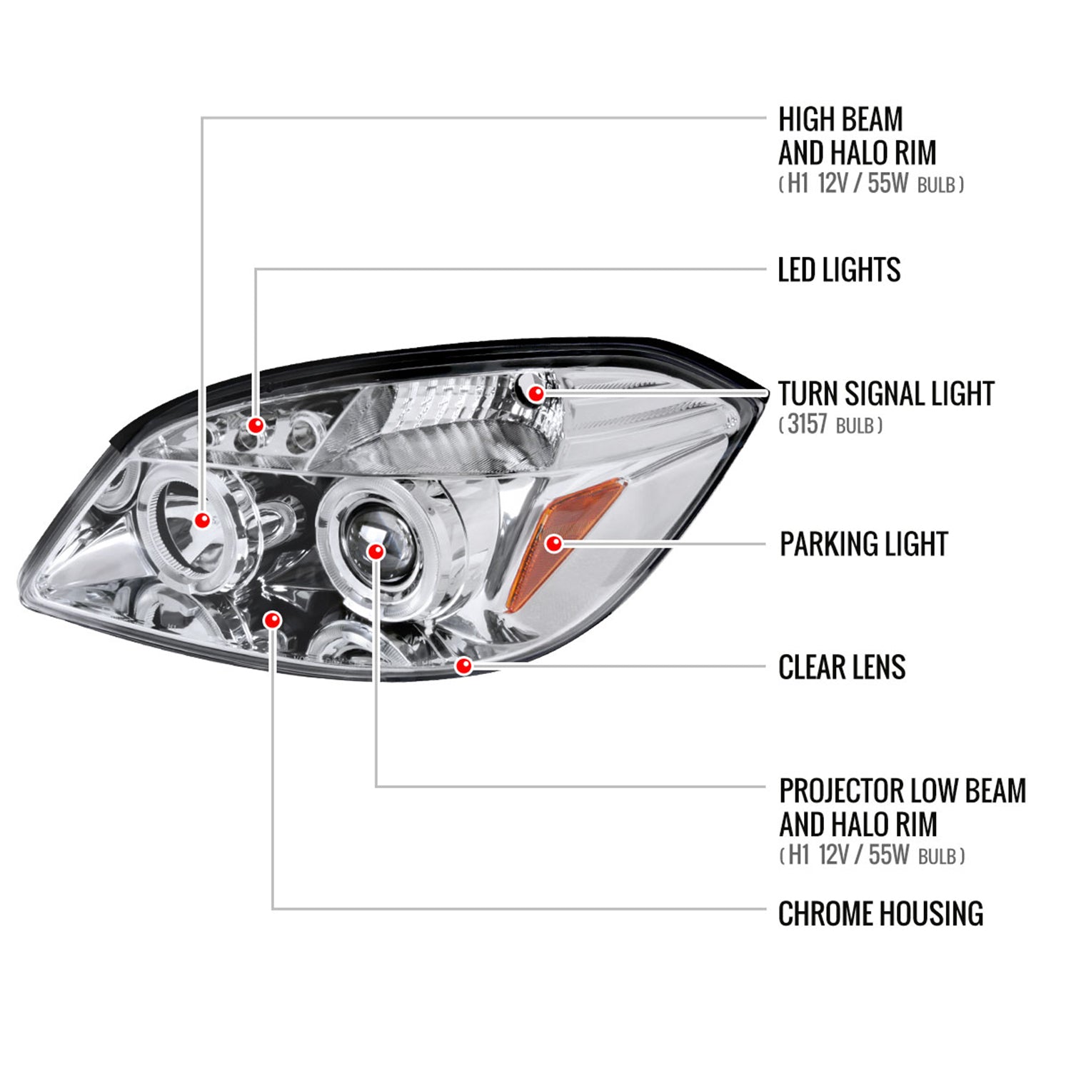 2005-2010 Chevy Cobalt Pontiac /Pursuit Dual Halo Projector Headlights Chrome