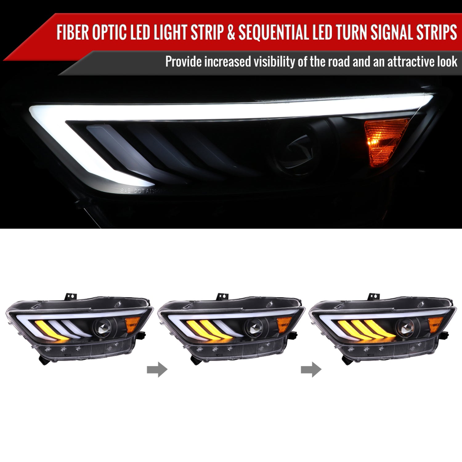 2015-2017 Ford Mustang HID-Type LED Turn Signal Projector Headlights Black