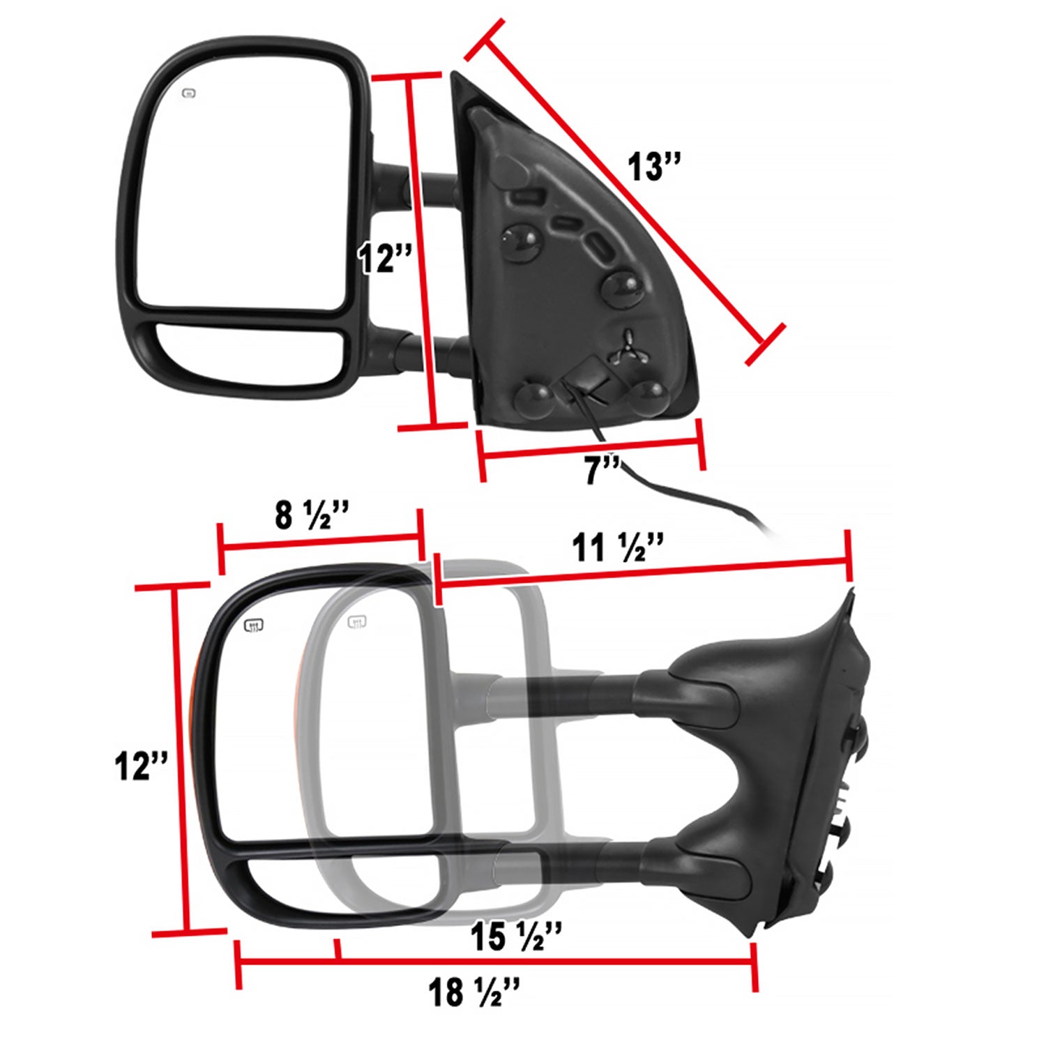 1999-2007 Ford F-250/350/450/550 Excursion Heated Towing Mirrors Amber Lens