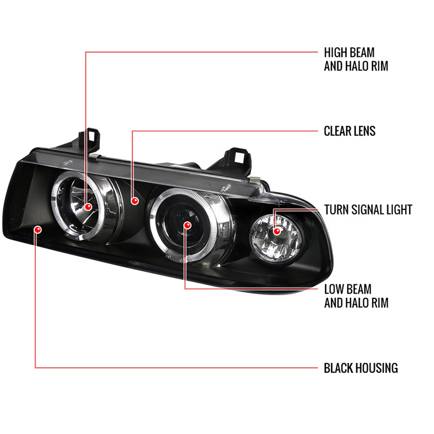 1992-1998 BMW E36 3 Series Coupe/Sedan Dual Halo Projector Headlights Black