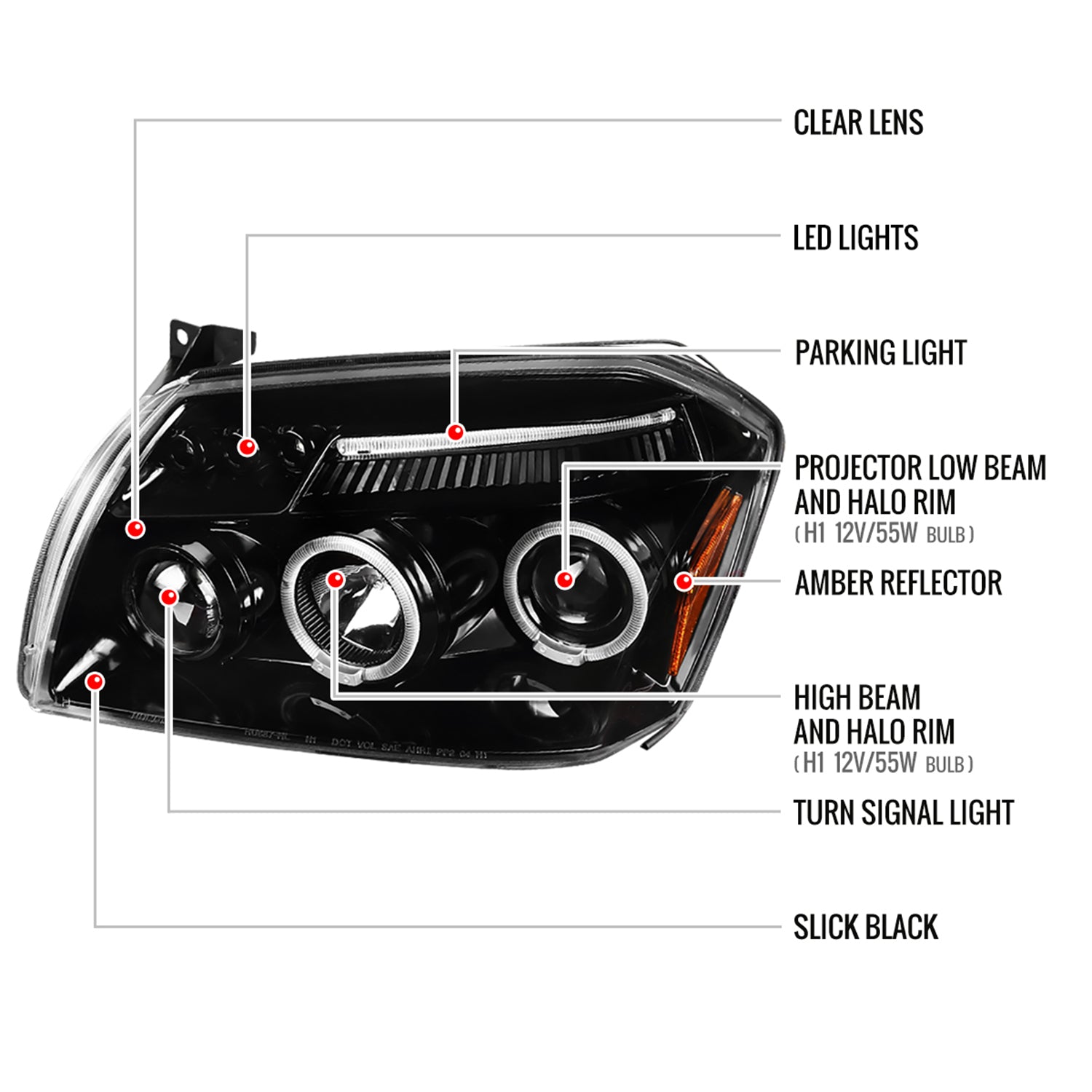 2005-2007 Dodge Magnum Dual Halo Projector Headlights Jet Black/Clear Lens